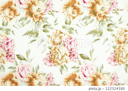 Fragment of colorful retro tapestry textile pattern with floral ornament useful as background.  122324380