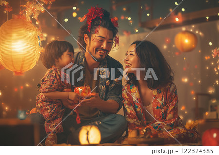 節分を家族で楽しむ!赤鬼パパと笑顔あふれる現代風イラスト 節分を家族で楽しむ!赤鬼パパと笑顔あふれる現代風イラスト 122324385