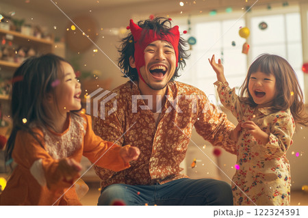 節分を家族で楽しむ!赤鬼パパと笑顔あふれる現代風イラスト 節分を家族で楽しむ!赤鬼パパと笑顔あふれる現代風イラスト 122324391