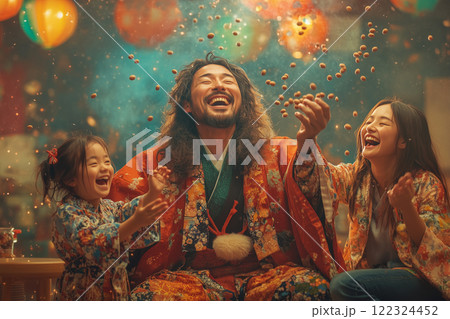 節分を家族で楽しむ!赤鬼パパと笑顔あふれる現代風イラスト 節分を家族で楽しむ!赤鬼パパと笑顔あふれる現代風イラスト 122324452