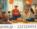 節分を家族で楽しむ！赤鬼パパと笑顔あふれる現代風イラスト 122324454