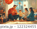 節分を家族で楽しむ！赤鬼パパと笑顔あふれる現代風イラスト 122324455