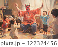 節分を家族で楽しむ！赤鬼パパと笑顔あふれる現代風イラスト 122324456