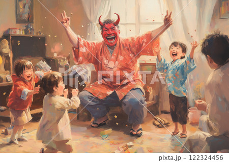 節分を家族で楽しむ！赤鬼パパと笑顔あふれる現代風イラスト 122324456