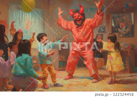 節分を家族で楽しむ!赤鬼パパと笑顔あふれる現代風イラスト 節分を家族で楽しむ!赤鬼パパと笑顔あふれる現代風イラスト 122324458