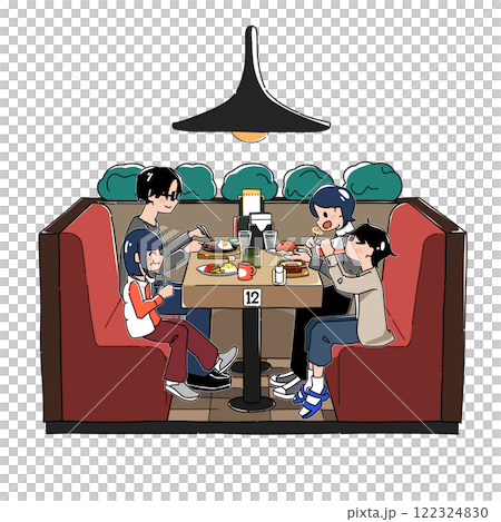Hand-drawn illustration of a family eating at a family restaurant 122324830