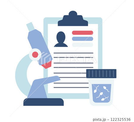 Sperm test analysis. Microscope, medical sample and tablet in flat style. Vector illustration Sperm test analysis. Microscope, medical sample and tablet in flat style. Vector illustration 122325536