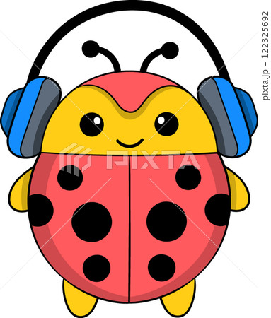 Cute Ladybug Wearing Headphones Illustration for Music Themed Designs 122325692