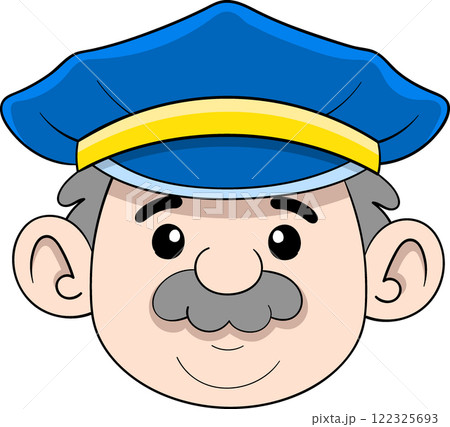 Friendly Cartoon Old Policeman Mascot with Blue Cap Friendly Cartoon Old Policeman Mascot with Blue Cap 122325693