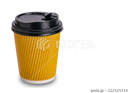 High angle view of brown paper coffee cup with opening on the black plastic lid. High angle view of brown paper coffee cup with opening on the black plastic lid. 122325714