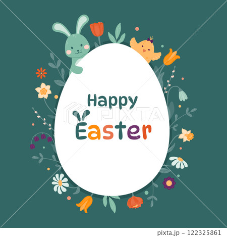 Happy Easter greeting card. Egg-shaped frame with spring flowers, Easter bunny, chicken, colorful eggs. Vector illustration in a flat style on a dark background. Happy Easter greeting card. Egg-shaped frame with spring flowers, Easter bunny, chicken, colorful eggs. Vector illustration in a flat style on a dark background. 122325861
