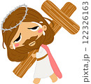 Jesus is carrying the cross.Jesus on Easter Day story clipart illustrating the resurrection of Christ and the passion narrative as a symbol of Christian faith and salvation on Easter Sunday for religi 122326163