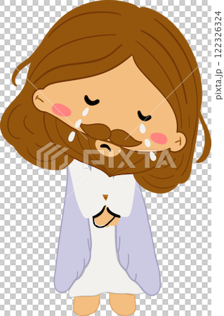 Jesus on Easter Day story clipart illustrating the resurrection of Christ and the passion narrative as a symbol of Christian faith and salvation on Easter Sunday for religious and spiritual art. 122326324