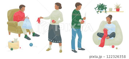 African American man and woman knitting sitting in a chair, woman stands and holds a knitted mitten and a ball of thread in her hands, man stands with knitting needles and balls of thread in his hand 122326358