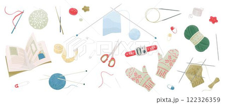 set of elements about knitting, knitting needles, crochet, balls of wool, pins, scissors, row counter, stitch markers, buttons, knitted mittens 122326359