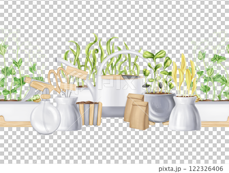 Seamless composition of tools watering can, rake, shovel, sprayer, seeds, boxes of greens. Garden equipment. Agriculture, cultivation of plants and flowers. Frames for decoration, boards for design 122326406