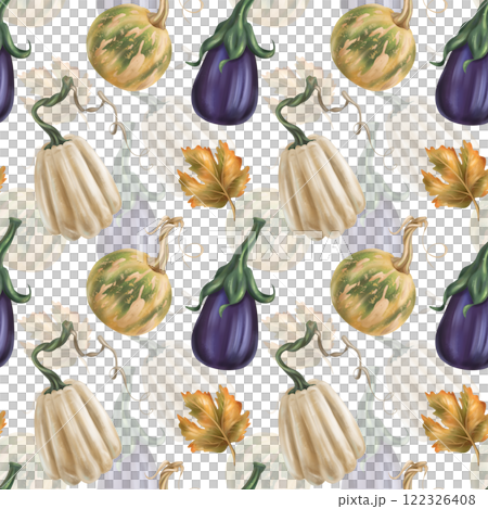 Seamless autumn harvest pattern with pumpkins, eggplant, maple leaves. Farm organic products, healthy vegetables, gardening, greens crop. Hand drawing background for wrapping paper, textiles, design. 122326408