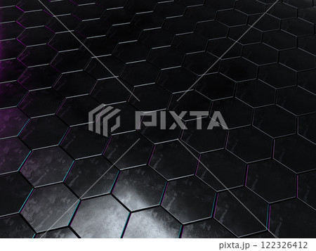 規則的に並んだ六角柱のフロアの3Dイラストレーション 122326412