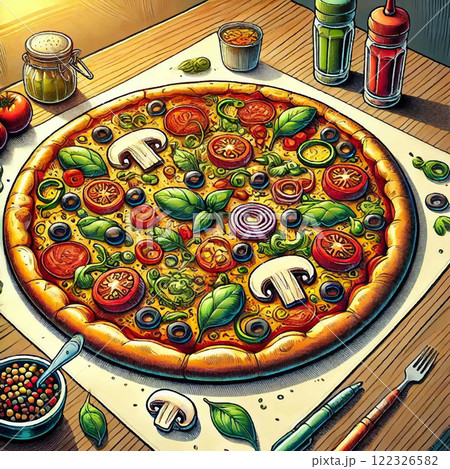 Delicious vegetable pizza with vibrant toppings presented with condiments and utensils on a wooden table, designed in colorful and creative style for culinary decoration. Vector illustration 122326582