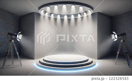 Minimal studio room with atmospheric smoke and soft top lighting. Designed for vector tracing and modern creative projects 122326583