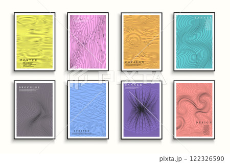 Collection of colorful art striped covers, templates, backgrounds, placards, brochures, banners, flyers and etc. Creative minimalistic posters with curve lines texture. Contemporary design Collection of colorful art striped covers, templates, backgrounds, placards, brochures, banners, flyers and etc. Creative minimalistic posters with curve lines texture. Contemporary design 122326590