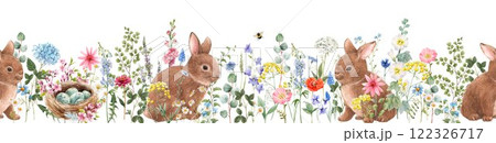 Happy Easter watercolor seamless horizontal pattern, border with cute Easter rabbits, spring flowers and herbs. Happy Easter watercolor seamless horizontal pattern, border with cute Easter rabbits, spring flowers and herbs. 122326717