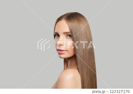Lovely brunette woman looking at cemera, fashion beauty portrait. Attractive female model  122327170