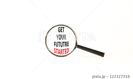 Get your future started symbol. Concept words Get your future started on beautiful magnifying glass. Beautiful white table white background. Business get your future started concept. Copy space. 122327358