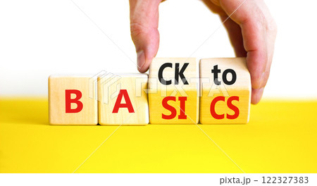 Back to basics symbol. Concept words Back to basics on wooden block. Beautiful yellow table white background. Businessman hand. Business back to basics concept. Copy space. 122327383