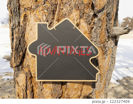 Advantages symbol. Concept word Advantages on beautiful chalk blackboard. Beautiful wood and white snow background. White snow. Business advantages concept. Copy space. 122327409