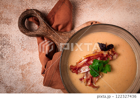 Pumpkin cream soup, curry, fried bacon,, top view, no people, Pumpkin cream soup, curry, fried bacon,, top view, no people, 122327436