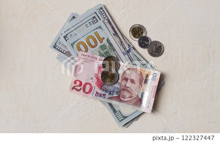 Lari, 20 GEL, Georgian monetary currency, with dollars, banknotes, top view, no people, on the table, 122327447