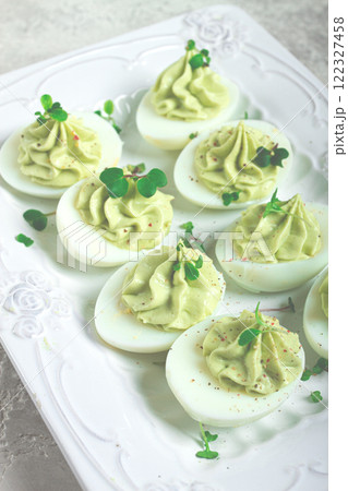snack, stuffed eggs with avocado, homemade, no people, snack, stuffed eggs with avocado, homemade, no people, 122327458