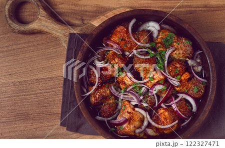 fried meat, pork kebab, ketsi in a clay pan, with red onions and herbs, homemade, no people, fried meat, pork kebab, ketsi in a clay pan, with red onions and herbs, homemade, no people, 122327471