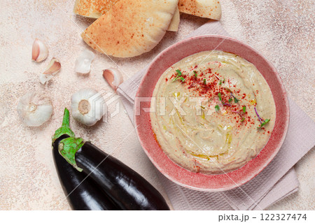 Babaganoush, eggplant appetizer, traditional Lebanese cuisine, homemade, no people, Babaganoush, eggplant appetizer, traditional Lebanese cuisine, homemade, no people, 122327474