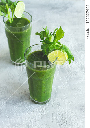 two glasses, with green smoothie, celery and spinach, apple and kiwi, cucumber, vegetable smoothie, breakfast, homemade, no people, 122327496