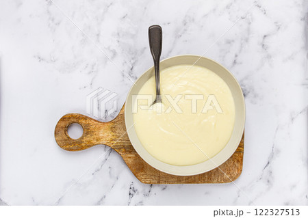 Mashed potatoes, with suluguni cheese, homemade, on a marble table, no people, top view, Mashed potatoes, with suluguni cheese, homemade, on a marble table, no people, top view, 122327513