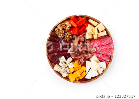 assortment of cheese meat cuts, on a plate, top view, no people, assortment of cheese meat cuts, on a plate, top view, no people, 122327517