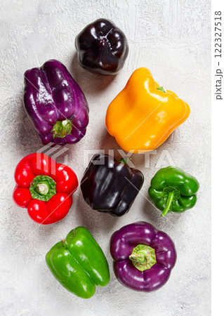 assortment, of colorful bell peppers,on a light background, top view, no people assortment, of colorful bell peppers,on a light background, top view, no people 122327518