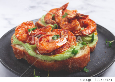 sandwiches with avocado and caramelized shrimp, micro-greens, breakfast, on a plate, top view, homemade, no people, sandwiches with avocado and caramelized shrimp, micro-greens, breakfast, on a plate, top view, homemade, no people, 122327524