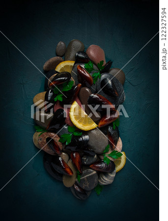 Fresh mussels, on rocks, top view, food concept, selective focus, seafood, no people, Fresh mussels, on rocks, top view, food concept, selective focus, seafood, no people, 122327594