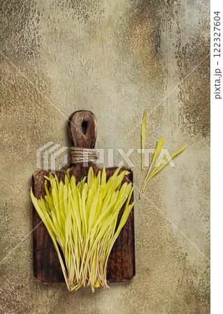 a microgrown corn, a bouquet on a cutting wooden board, no people, a microgrown corn, a bouquet on a cutting wooden board, no people, 122327604