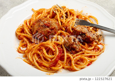 spaghetti with meatballs in tomato sauce, on a white plate, no people, homemade, spaghetti with meatballs in tomato sauce, on a white plate, no people, homemade, 122327621