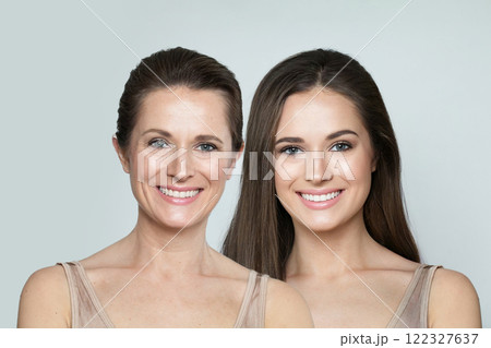 Brunette young model woman and mature woman. Two female faces collage set. 122327637