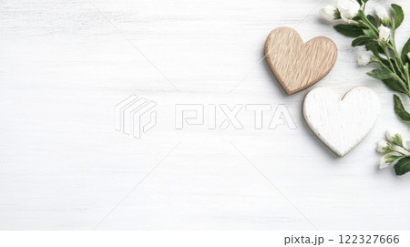 Wooden Heart Figurines on Neutral Background with Copy Space. Valentines Day Background 122327666