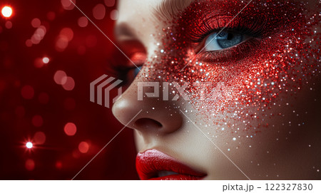 A woman with bright sparkling star makeup, glitter, astrology banner with copy space A woman with bright sparkling star makeup, glitter, astrology banner with copy space 122327830