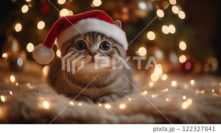 Cat in Santa hat, blurred garland lights in background, banner copy space, Happy New Year Merry Christmas Cat in Santa hat, blurred garland lights in background, banner copy space, Happy New Year Merry Christmas 122327841