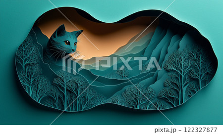 Banner with copy space, paper cut design, cat, kitten 122327877