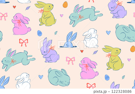 Easter seamless pattern design, Easter background hand drawn sweet illustrations of bunnies, eggs 122328086