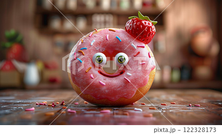 Banner with copy space, donut character mascot, cartoon hero Banner with copy space, donut character mascot, cartoon hero 122328173